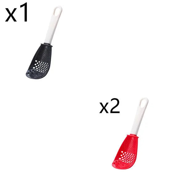 Red and black multifunctional plastic cooking spoon with serrated grinding edge and half-enclosed rice scoop head.
