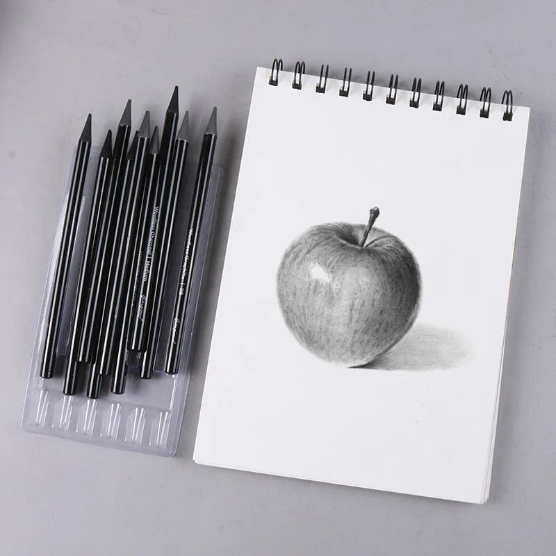 Graphite and carbonized pencil set showing six graphite pencils and three darker carbonized pencils on suction card packaging