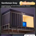 Grey polyester bed curtain with integrated mosquito net for 0.9 metre beds with freestanding bracket