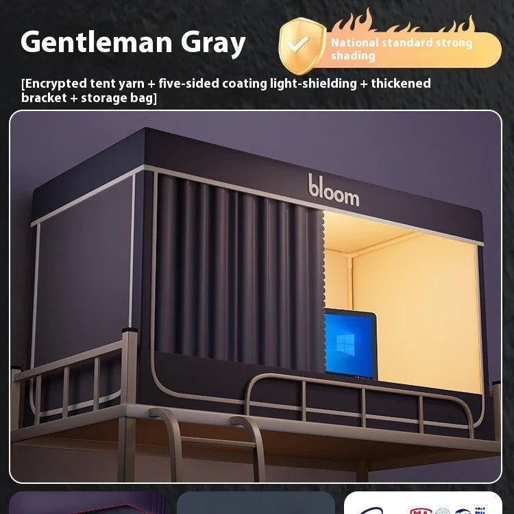 Grey polyester bed curtain with integrated mosquito net for 0.9 metre beds with freestanding bracket