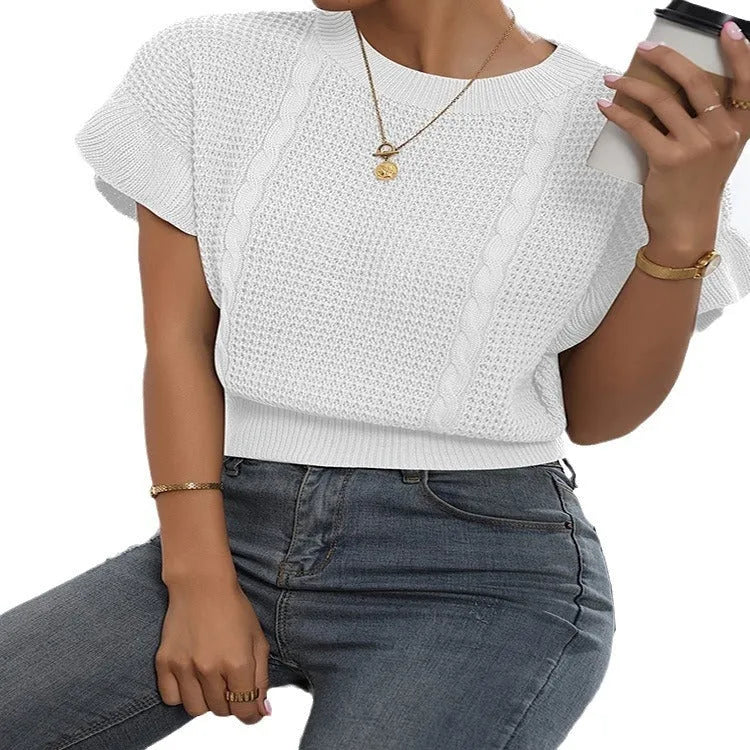 Twisted string ruffle sleeve knitted pullover sweater in loose casual fit