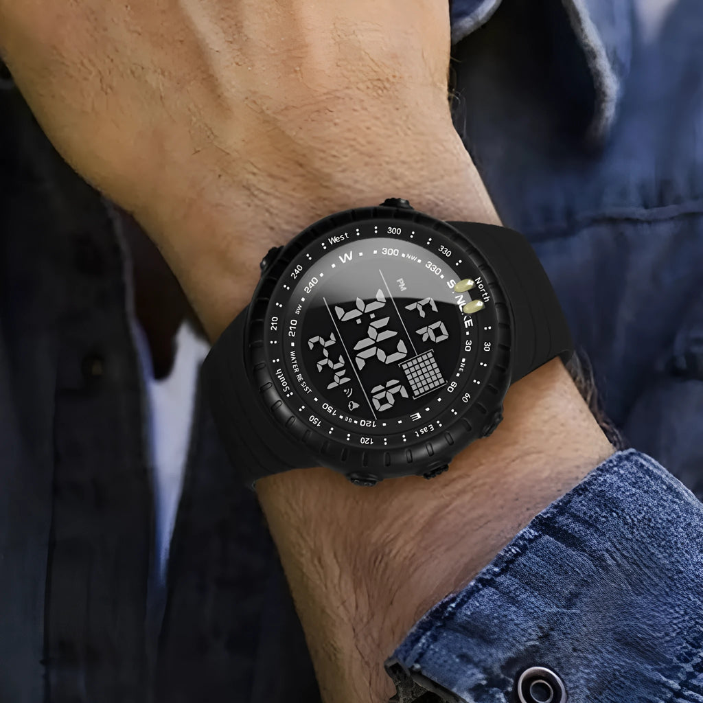 Black waterproof digital watch with WR50M rating and adjustable PU strap on wrist