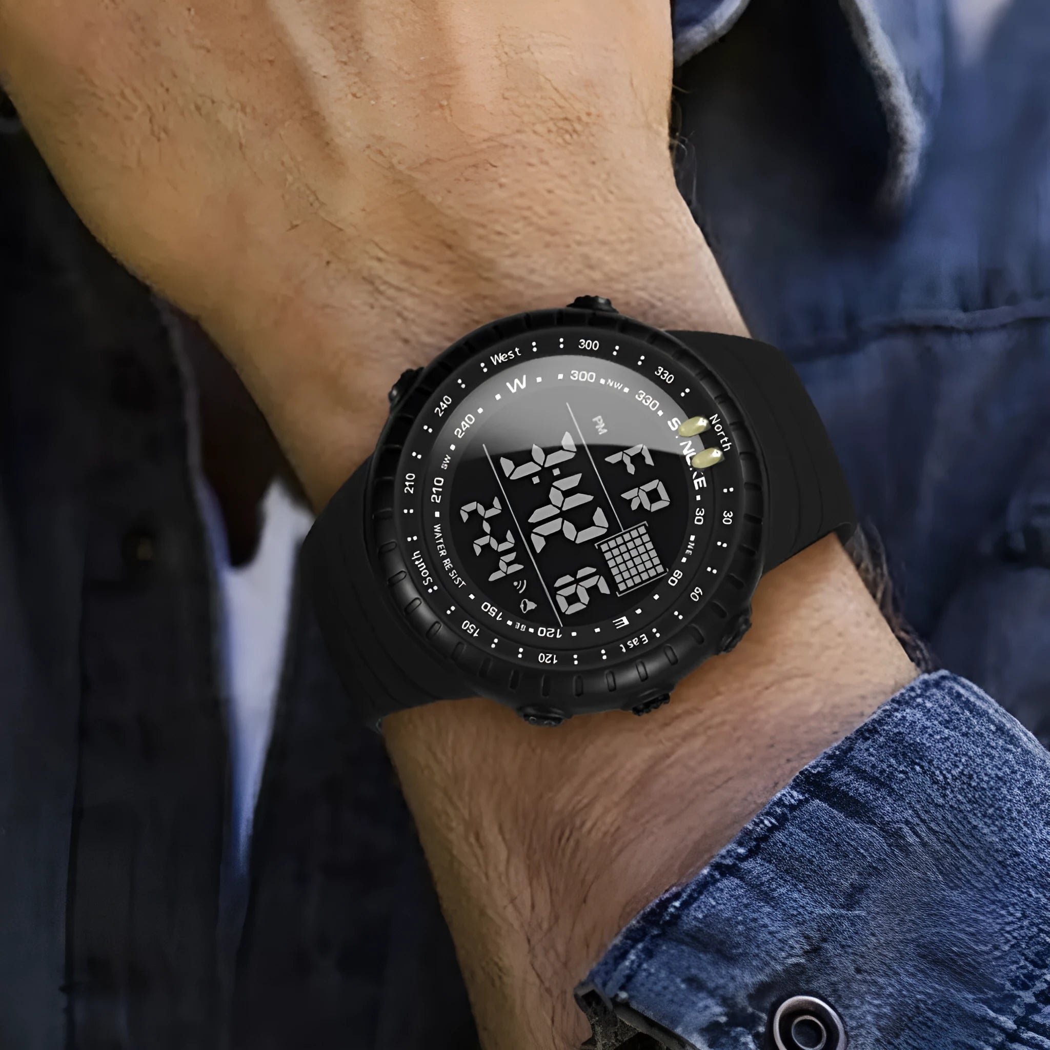 Black waterproof digital watch with WR50M rating and adjustable PU strap on wrist