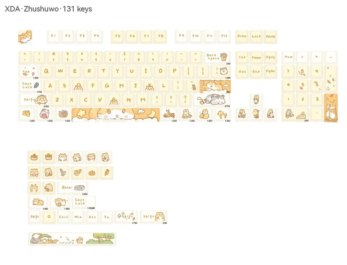Set of custard colour mechanical keyboard keycaps with cute design for 68 75 98 100 key layouts
