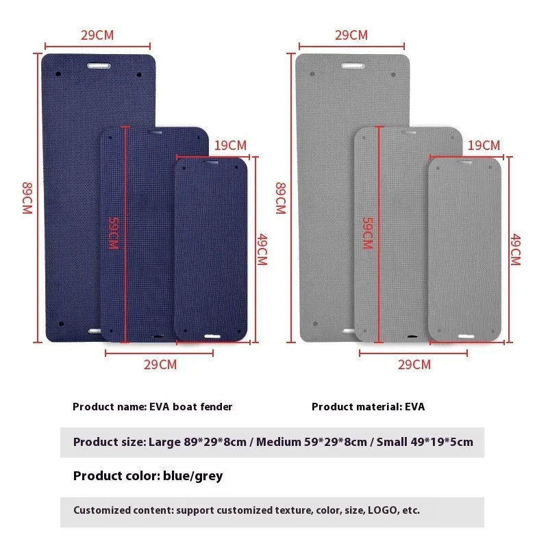 Blue and grey EVA foam boat fenders showing thickened anti-collision design.