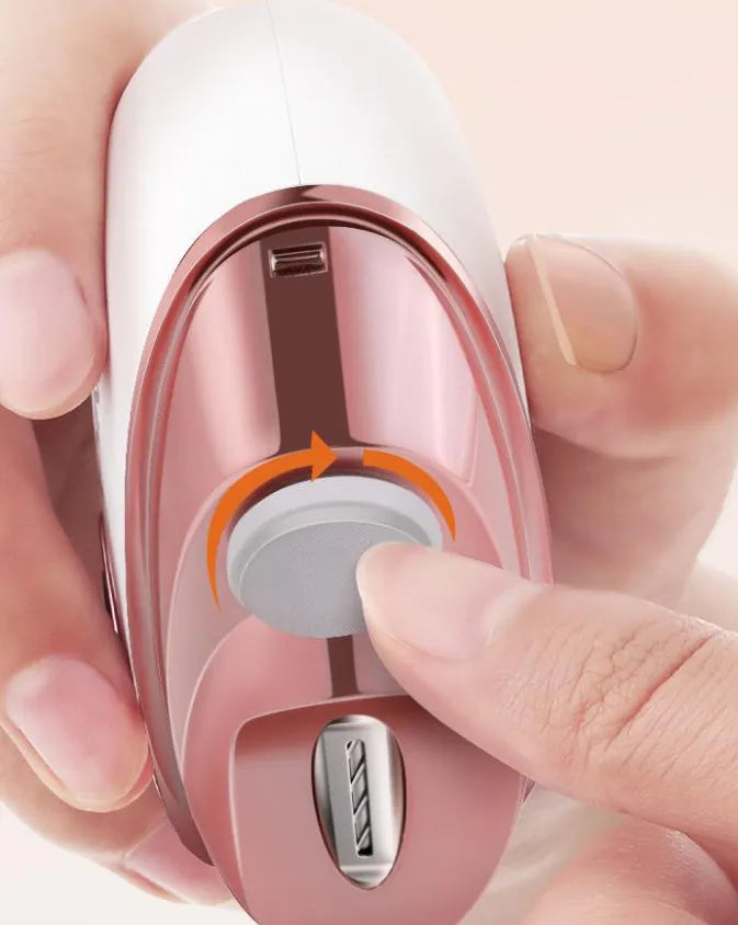 Blue, orange, and white electric nail clipper and polisher with USB-C charging cable and cleaning brush.