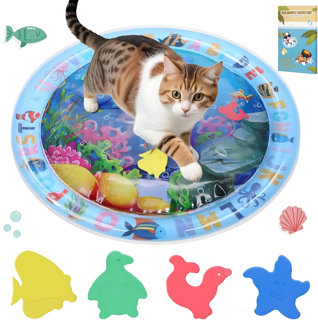 Square blue water sensory playmat for cats with floating fish toys on surface