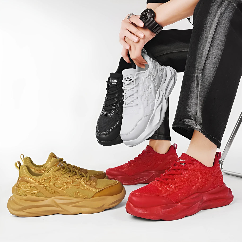 Casual sneakers with fly knit upper in Chinese dragon colours and rubber sole