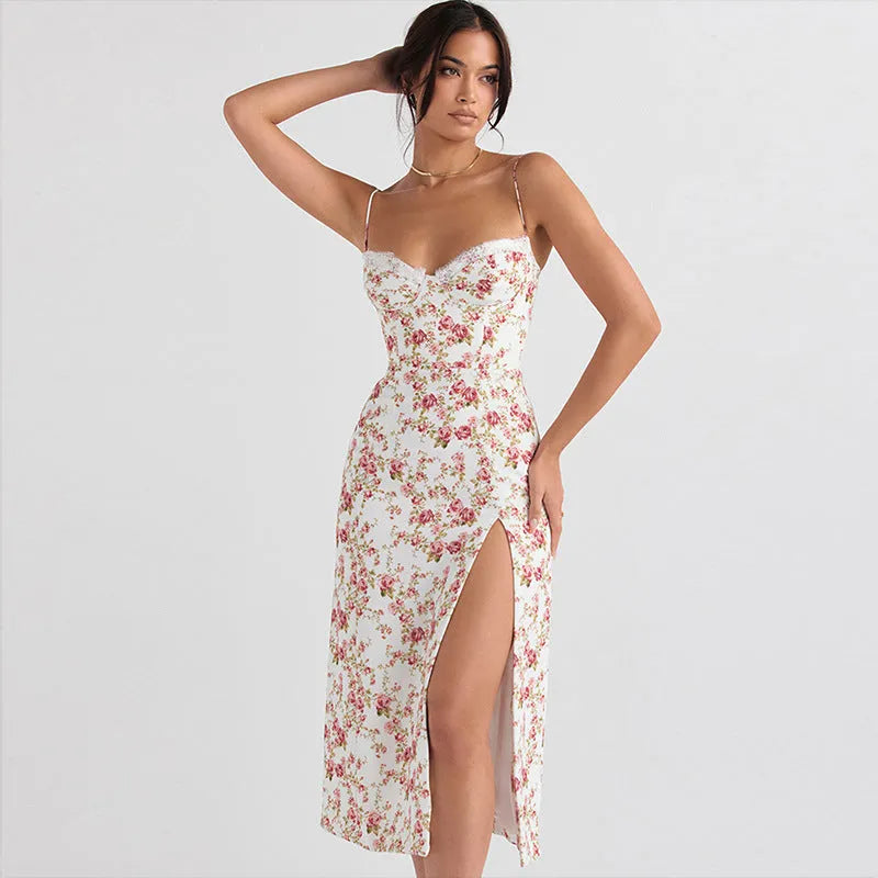 Lace flowers print long dress with high slit and suspender design in polyester fabric