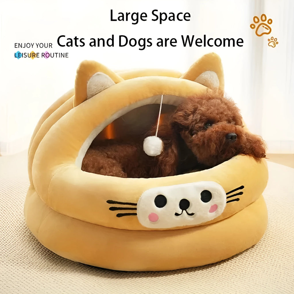Semi-enclosed cat bed with cat ear design, thickened warm pet nest in brown, green, or yellow, sizes L M S