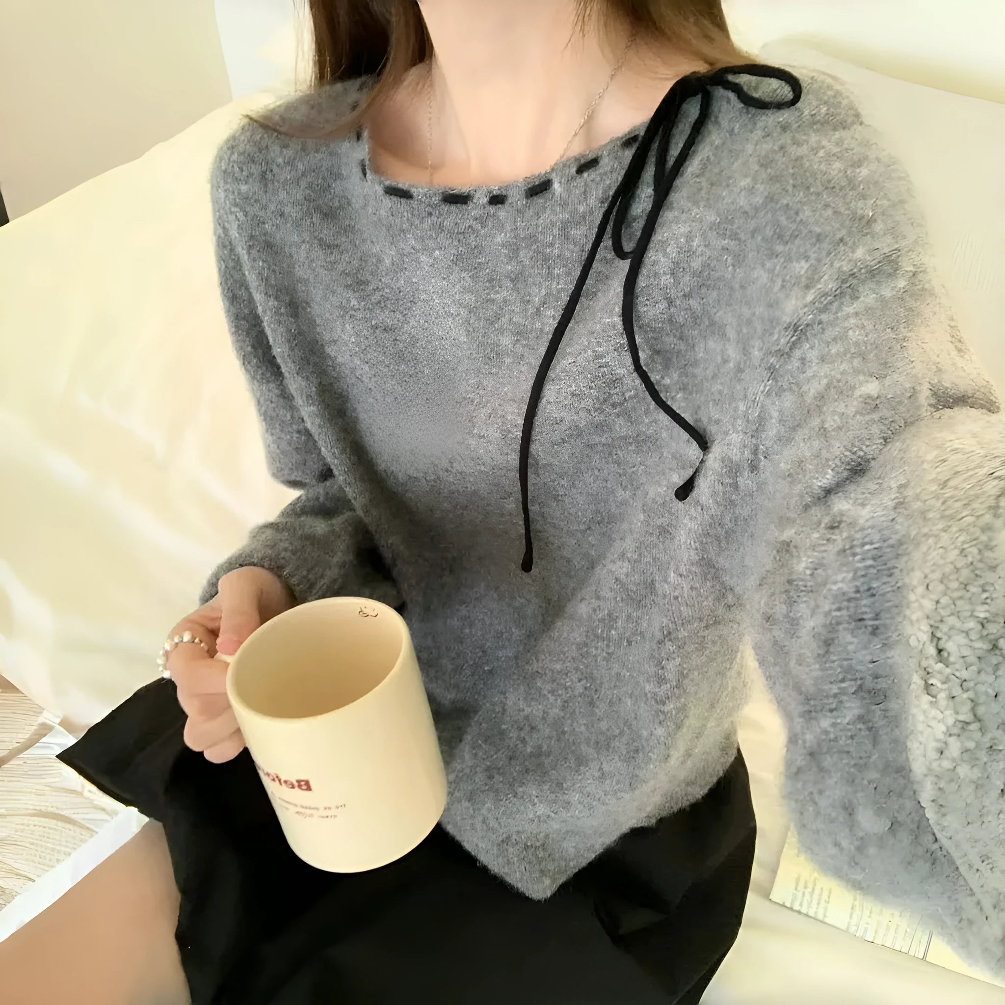 Grey loose-fitting women's pullover jumper made from regenerated cellulose fibre