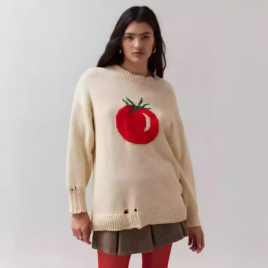 Women's loose-fitting acrylic jacquard knit sweater with round neck and long sleeves