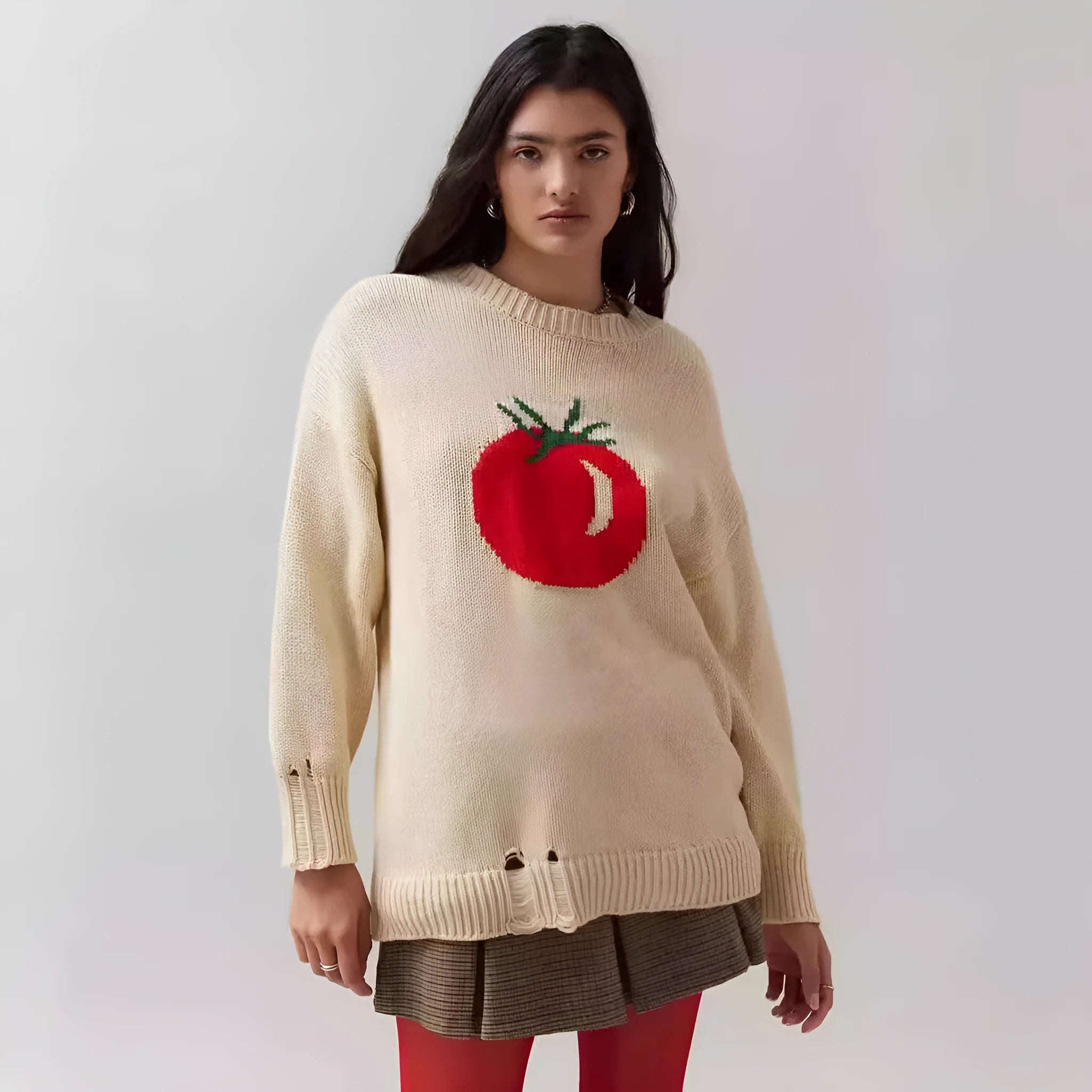 Women's loose-fitting acrylic jacquard knit sweater with round neck and long sleeves