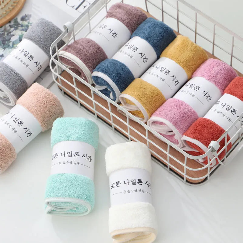 Thickened high density coral fleece face towel 30x60cm with plain weave and edging, shown in available colours for face washing