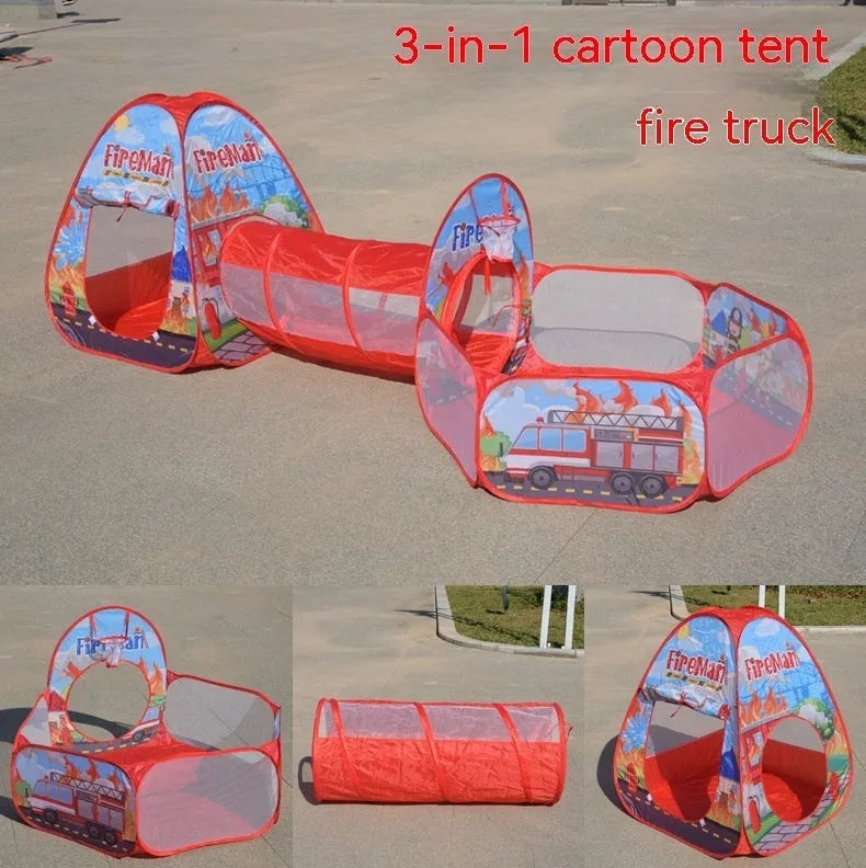Colourful three-in-one children's play tent with ball pool and crawl tunnel in a marine cartoon theme.