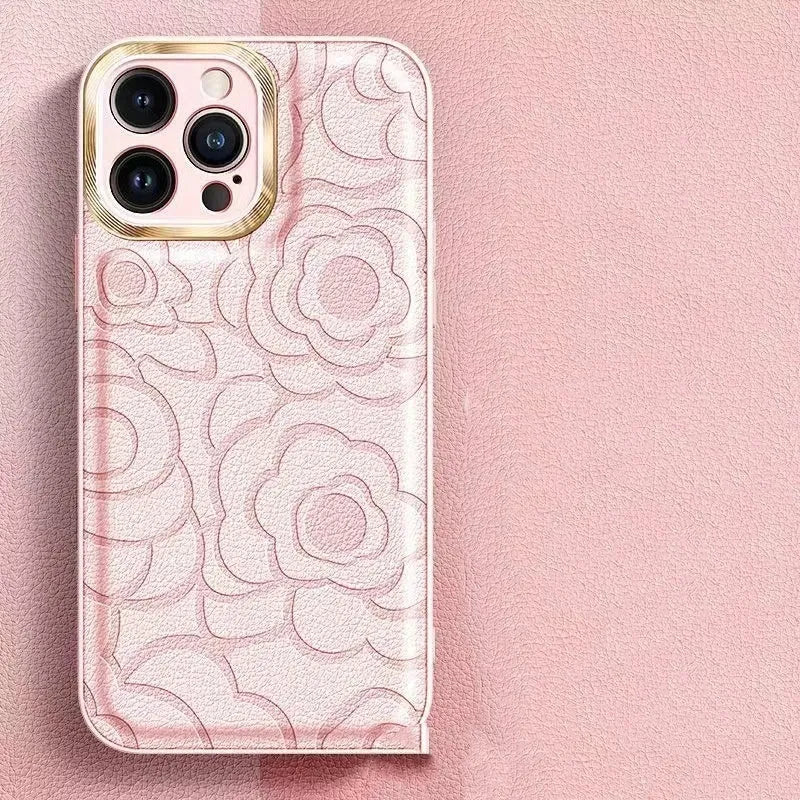 Camellia leather pattern phone case for iPhone 11-15, showing decorative design and protective shell.