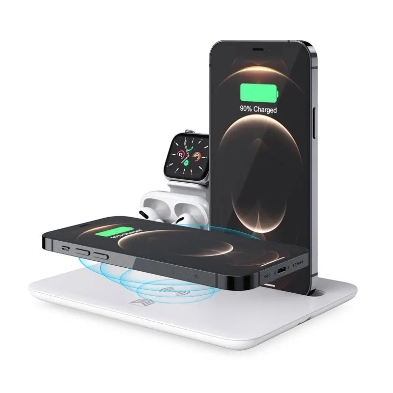 Black desktop wireless charging station for phone with watch and headphone charging outputs