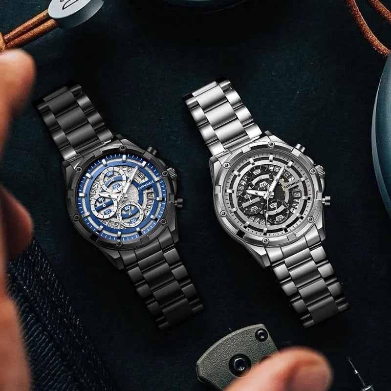 Men's waterproof luminous quartz watch with stainless steel band in three colour options