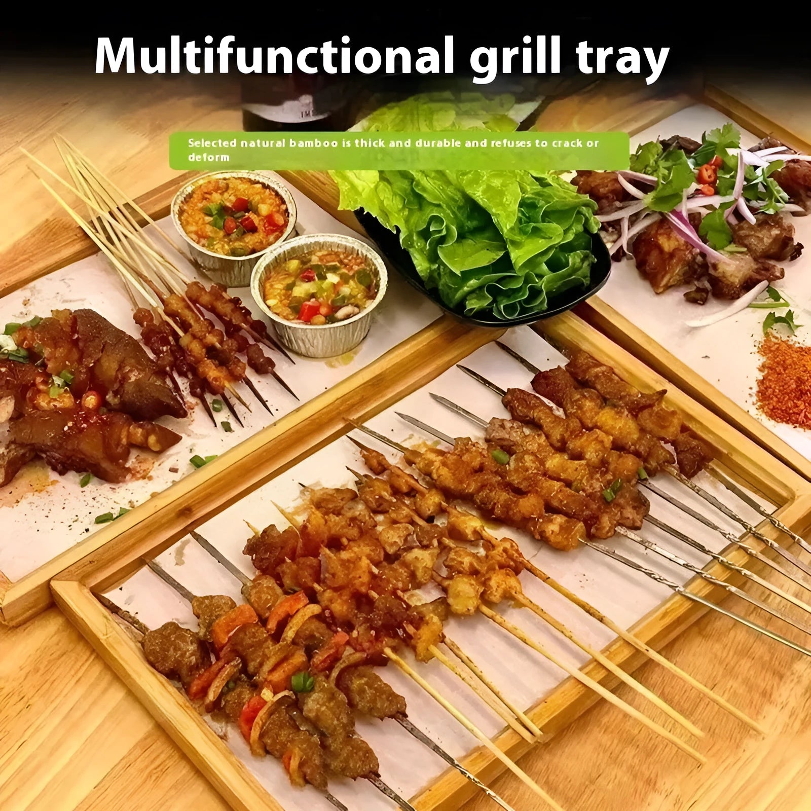 Brown-handled bamboo barbecue serving tray in square shape