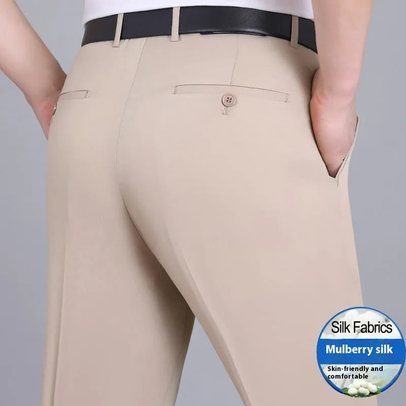 Men's straight-leg business trousers in mulberry silk blend fabric with non-iron properties