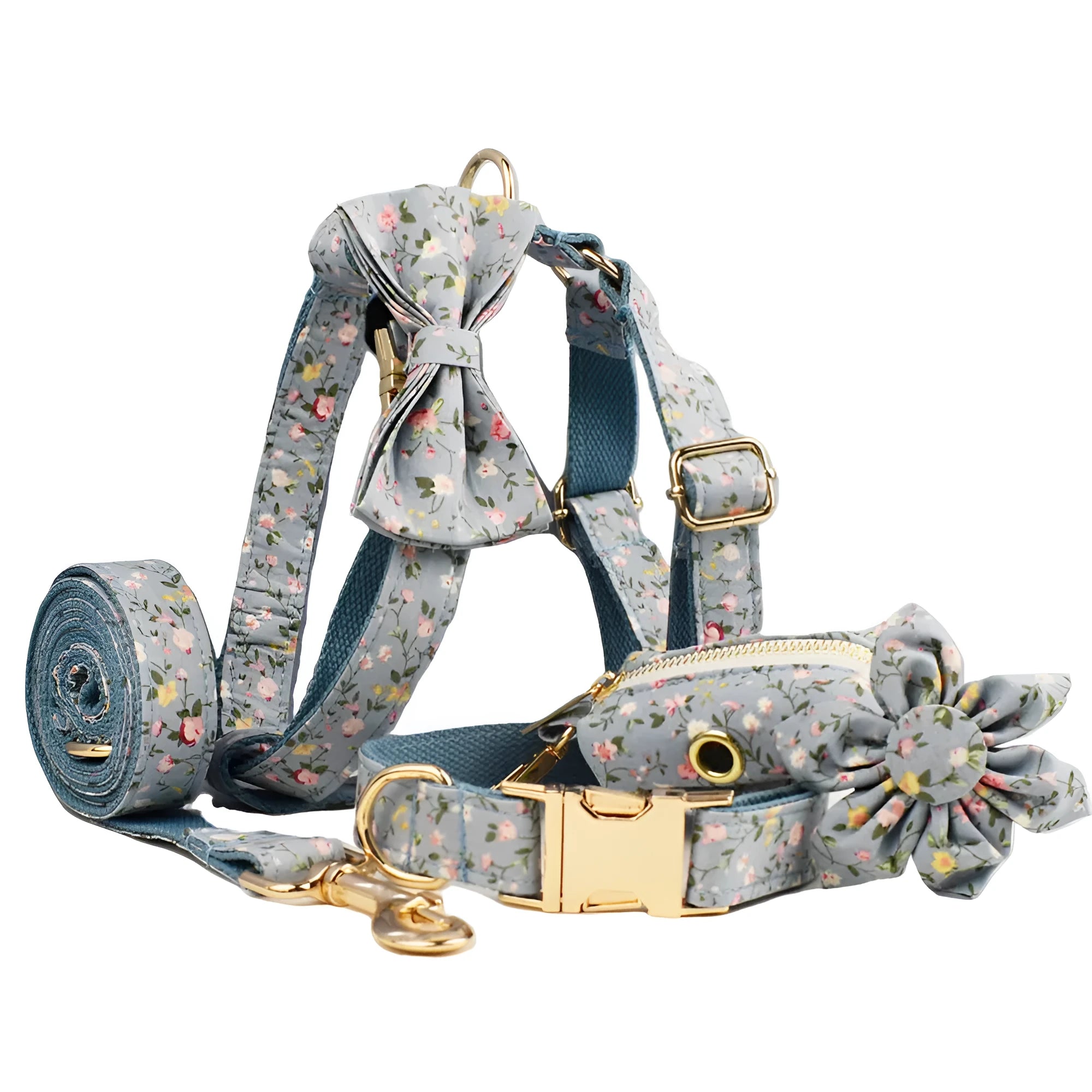 Blue floral pattern dog collar set with adjustable sizing and multiple accessory pieces