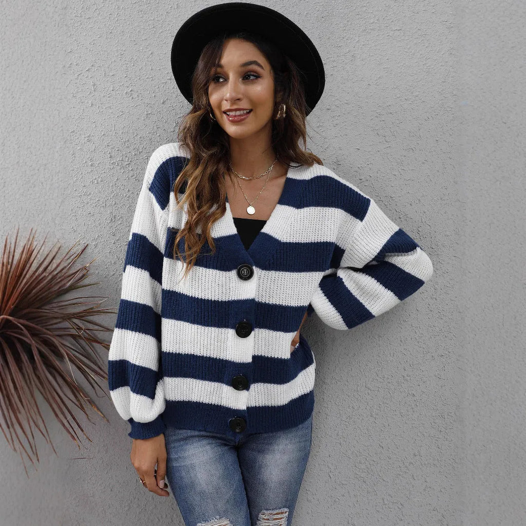 Women's striped cardigan sweater with deer plush fabric in blue, black, brown, or dark green colours