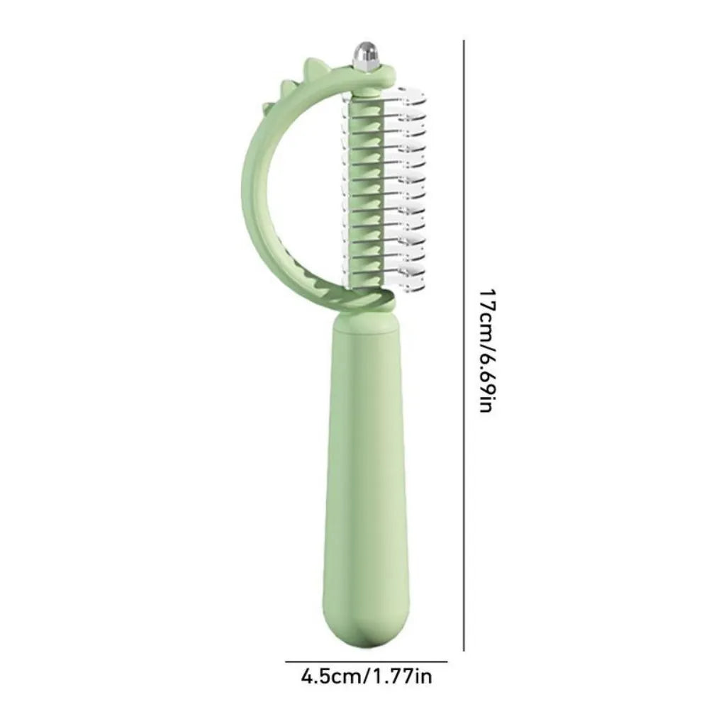 Blue dinosaur-shaped self-cleaning cat brush with double-sided grooming head