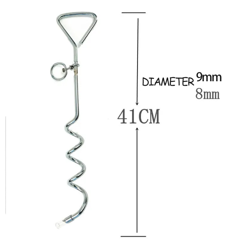 Silver spiral dog tie out stake made of solid steel for secure ground anchoring