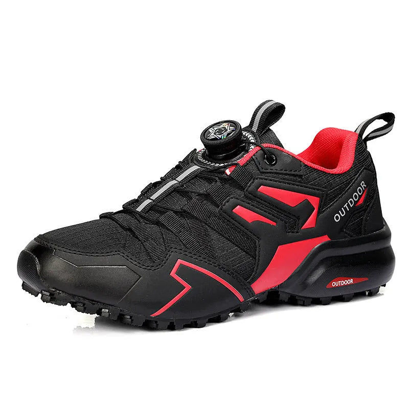 Men's beige lightweight hiking shoes with an elastic band closure and synthetic leather upper.