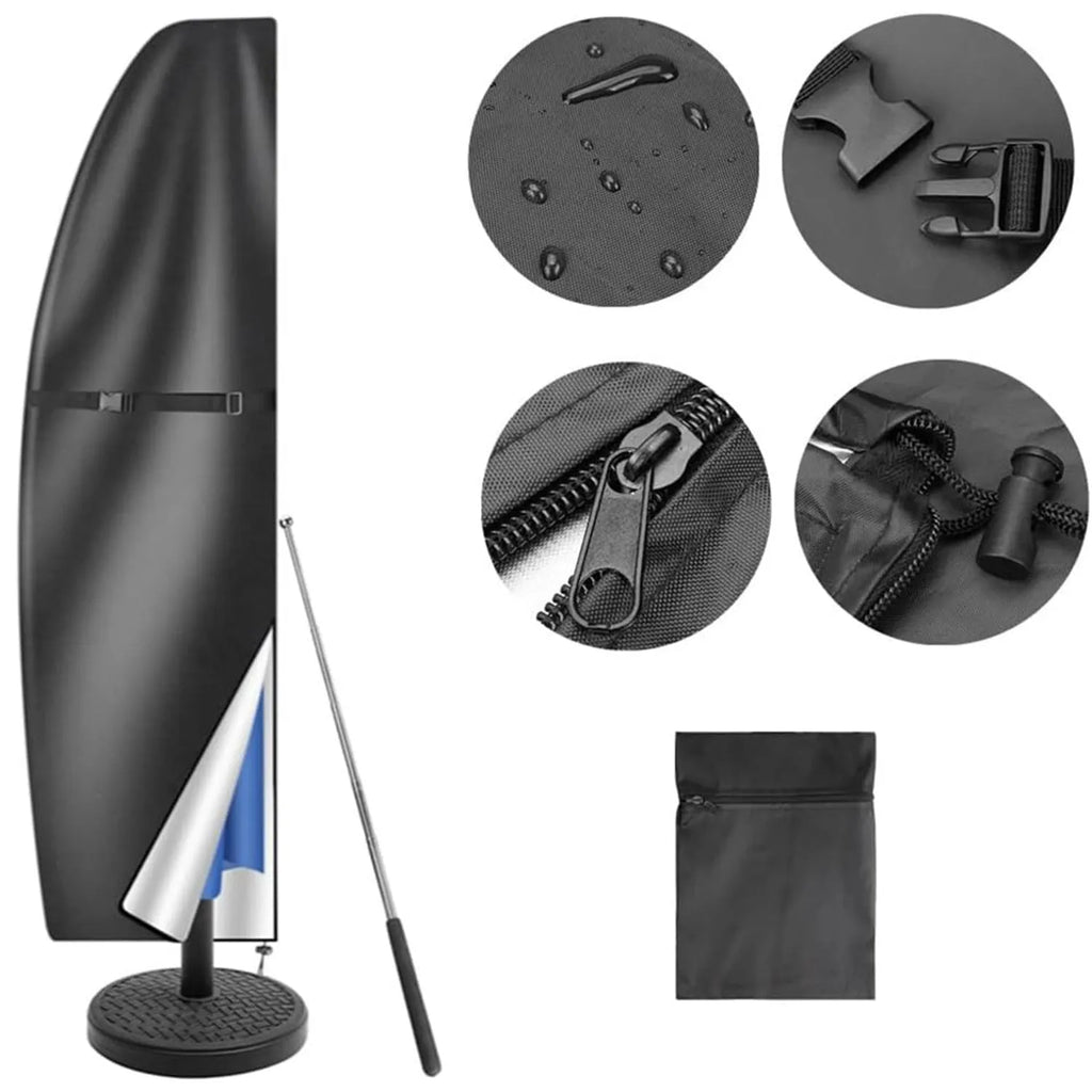 A grey waterproof oxford cloth cover for a large offset garden umbrella.