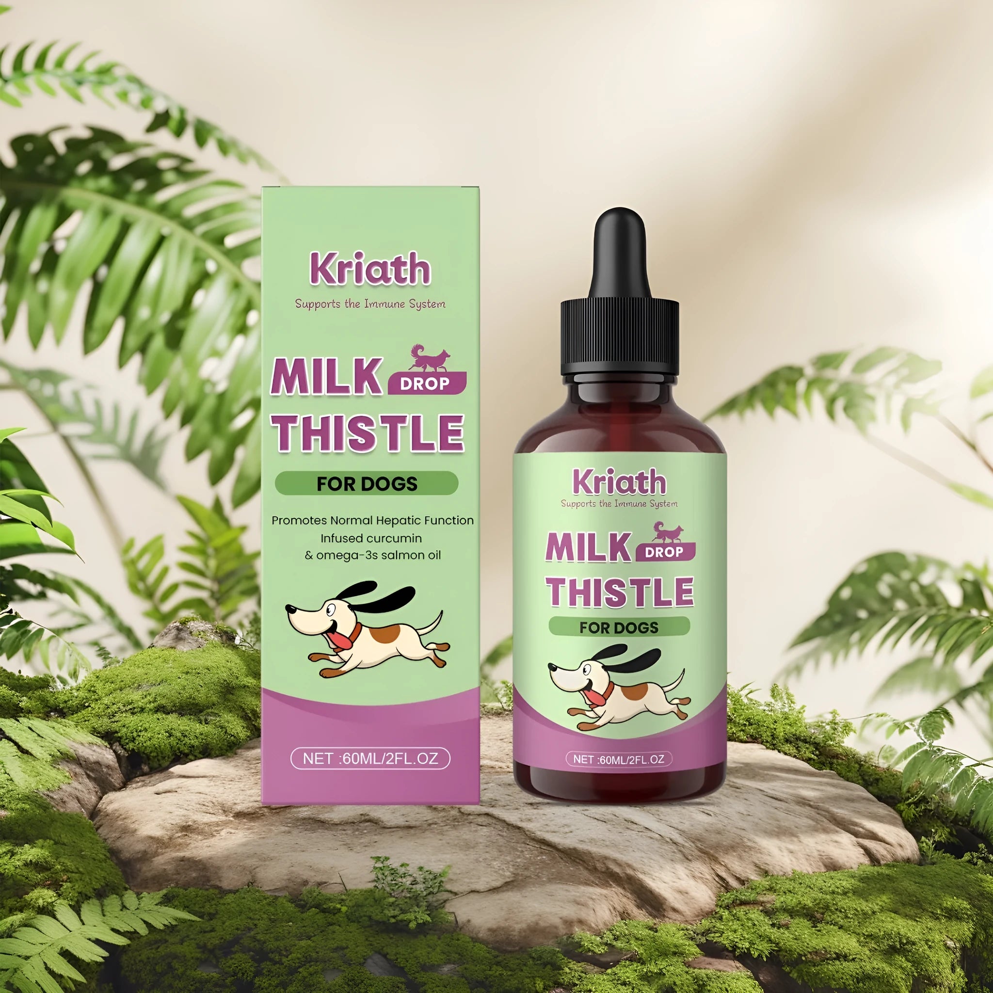 60ml bottle of dog nutrient solution with milk thistle extract, turmeric and omega-3 for digestive health