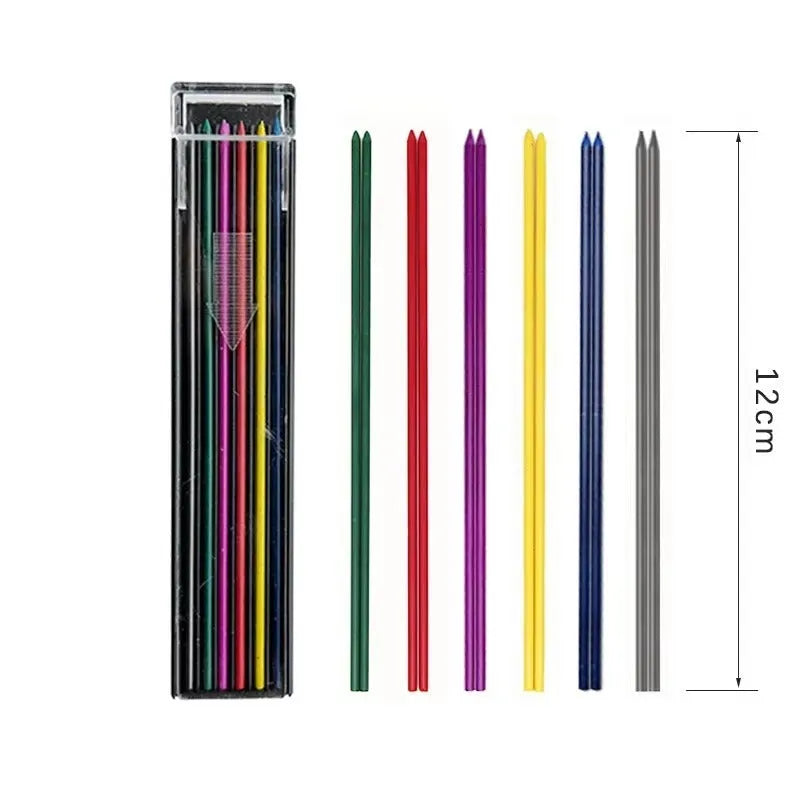 Box of twelve 0.7mm coloured mechanical pencil lead refills in rainbow colours.