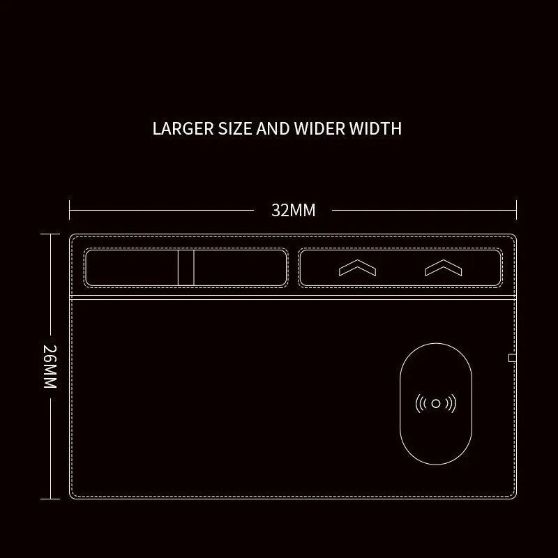 Wireless charging mouse pad with phone holder in black PU material showing 10W charging zone and USB cable
