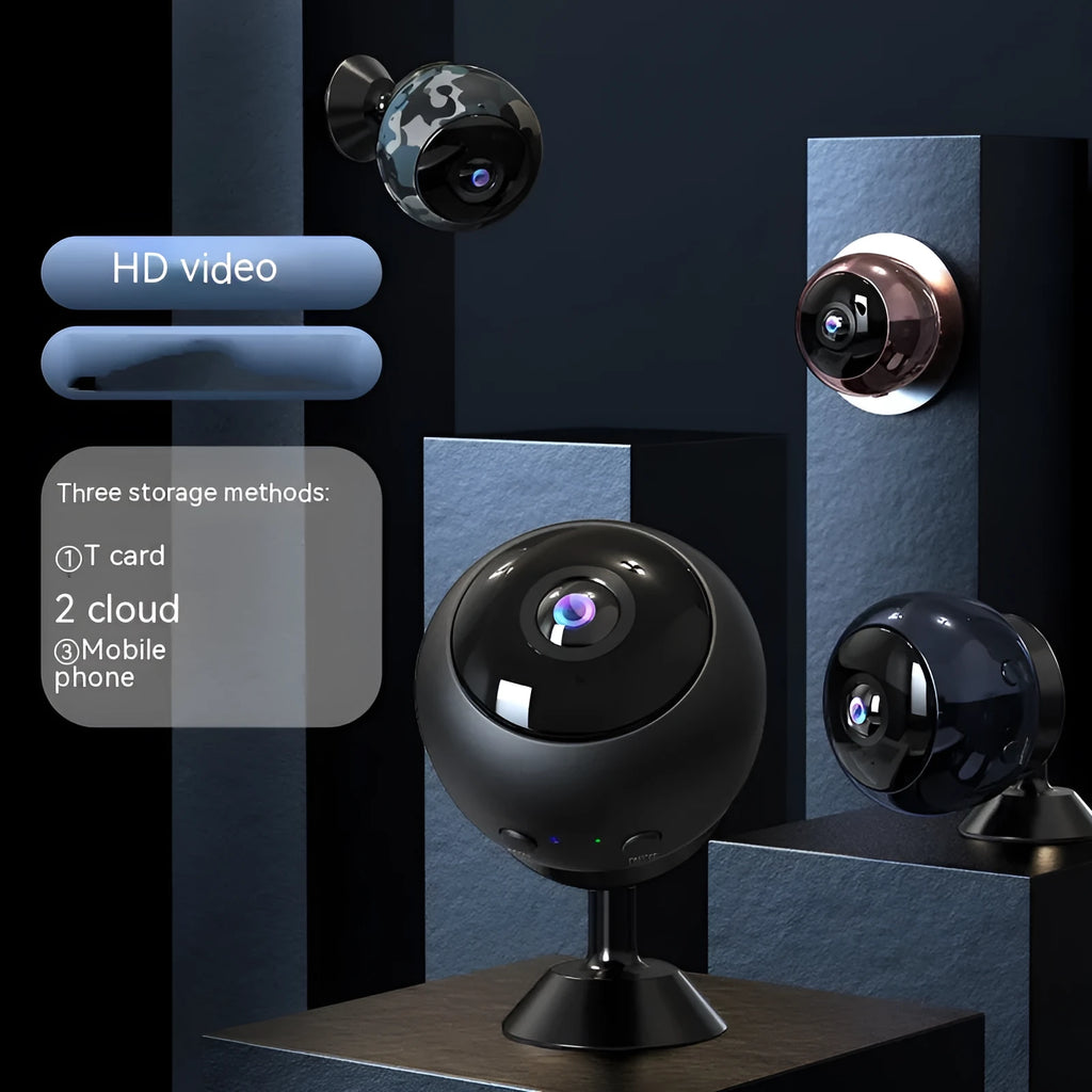 1080p wireless WiFi surveillance camera with ABS plastic housing on a flat surface.