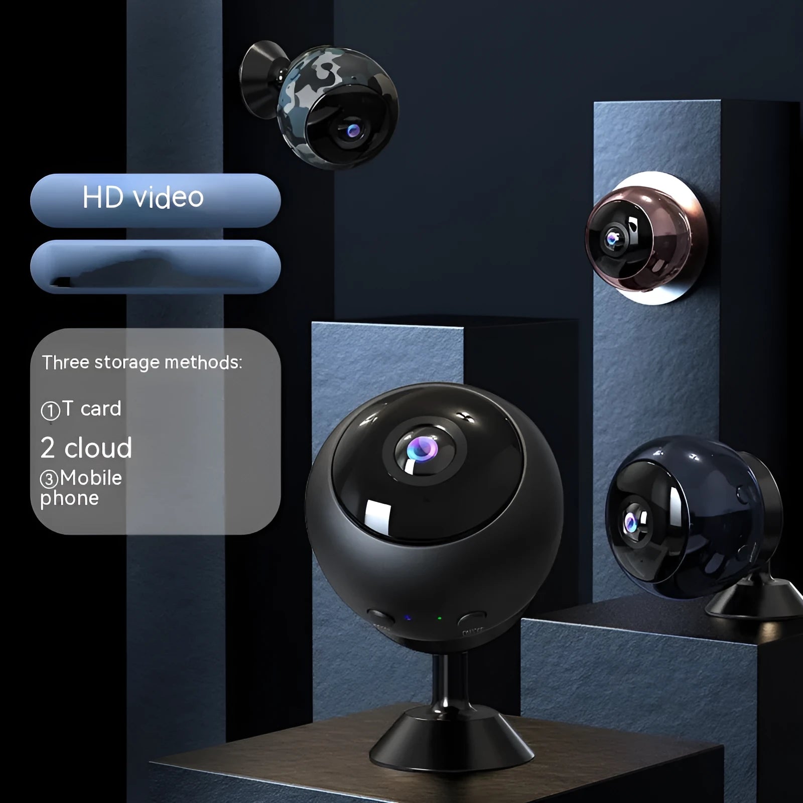 1080p wireless WiFi surveillance camera with ABS plastic housing on a flat surface.