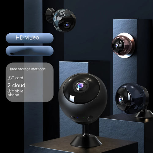 1080p wireless WiFi surveillance camera with ABS plastic housing on a flat surface.