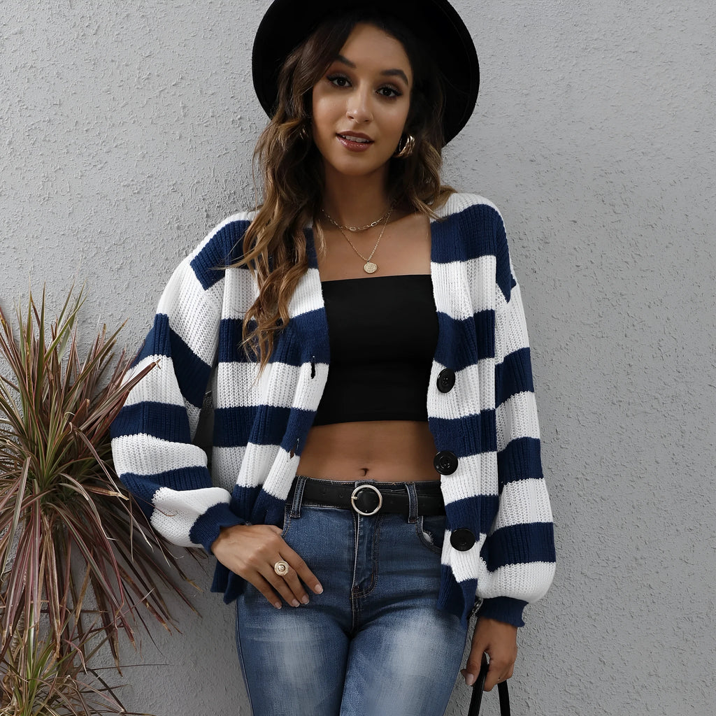 Women's striped cardigan sweater with deer plush fabric in blue, black, brown, or dark green colours