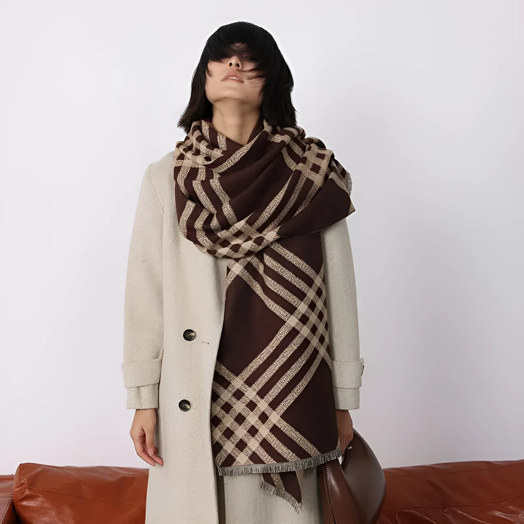 Brown cashmere-like scarf with tassel ends measuring 185cm long by 65cm wide