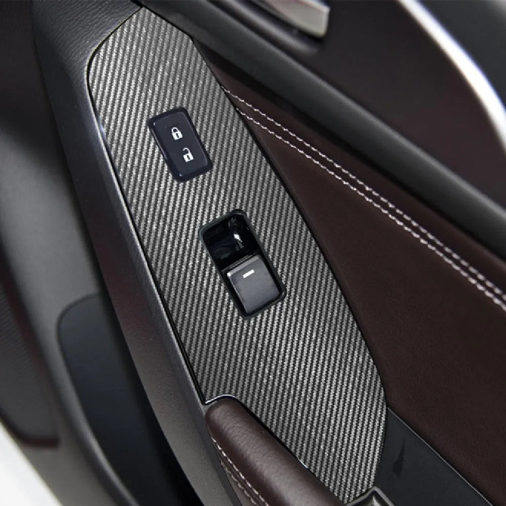 Set of four TPU protective films for car door control panel, shown in transparent, matte black, and carbon fibre black finishes.