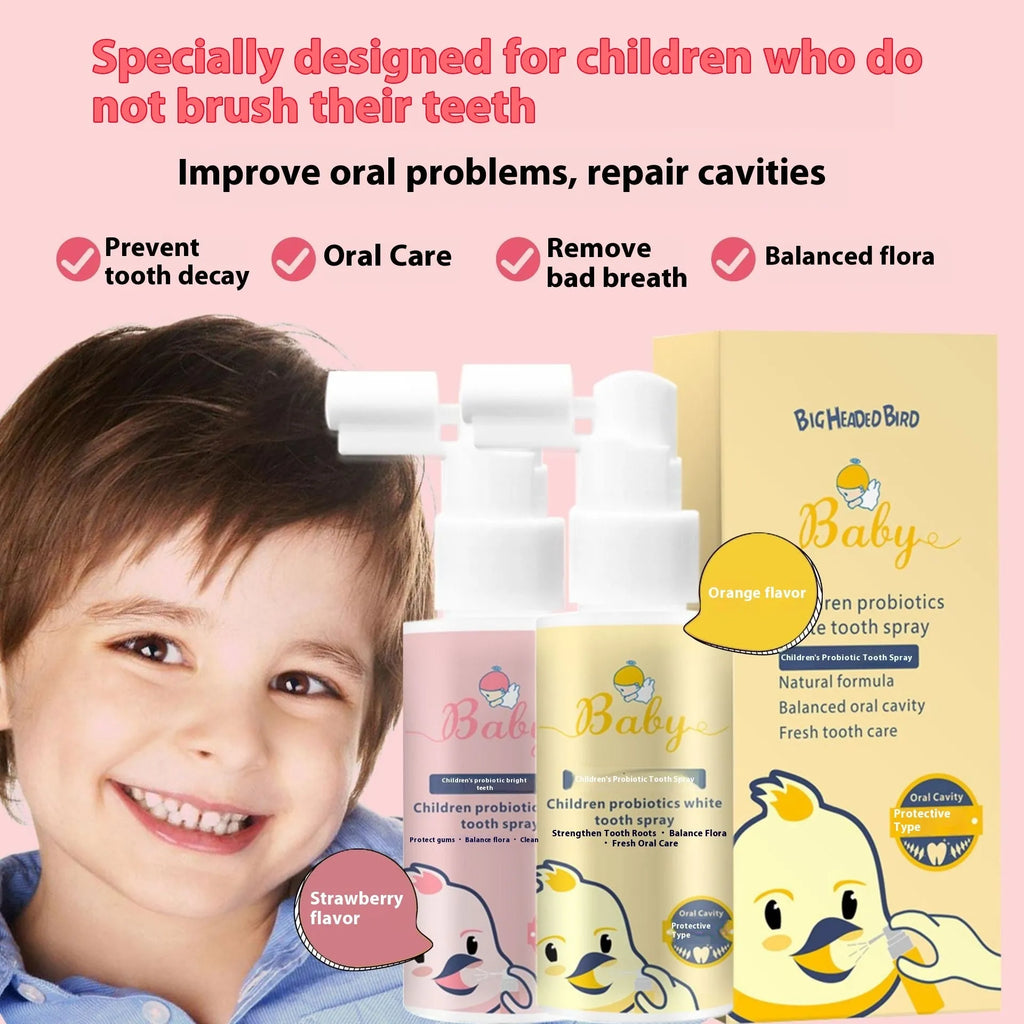Children's probiotic teeth cleaning spray bottle in strawberry and orange flavours, 40ml anticavity oral care product