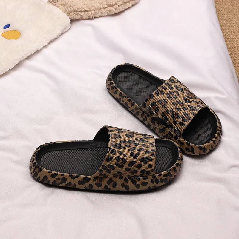 Women's leopard print EVA slippers shown in multiple colours and size options for indoor and outdoor wear.