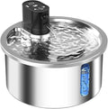 White cat water fountain with stainless steel top and LED display for temperature control on base.
