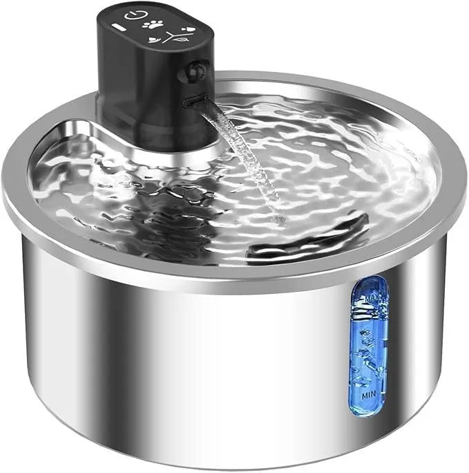 White cat water fountain with stainless steel top and LED display for temperature control on base.