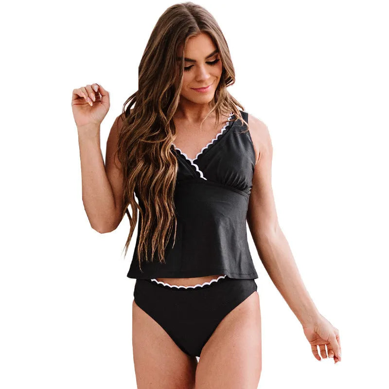 Black women's nylon bikini swimsuit set showing front and back views