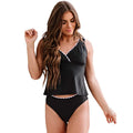 Black women's nylon bikini swimsuit set showing front and back views
