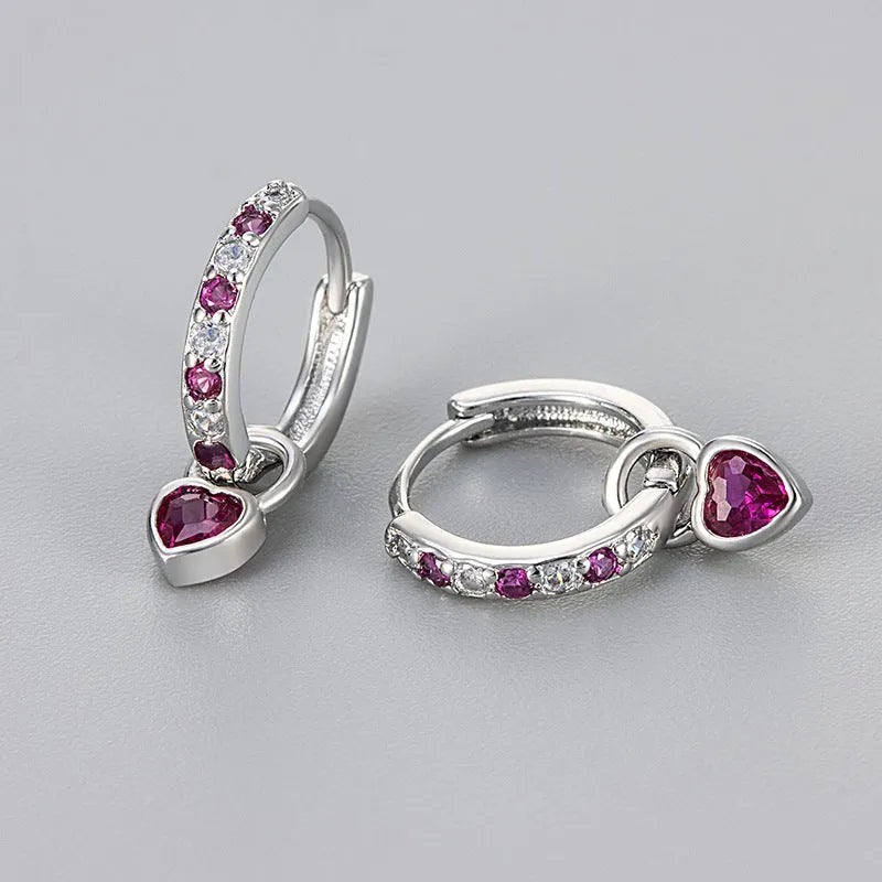 Women's heart-shaped drop earrings with coloured zircon gemstones in gold or white gold plating