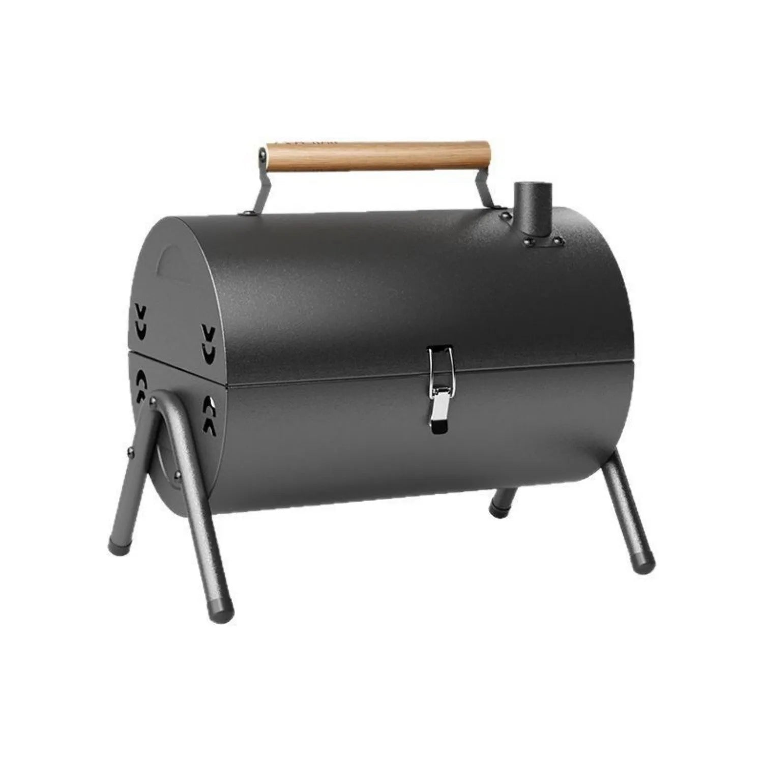 White round portable folding charcoal grill with detachable meshes and carbon tanks.