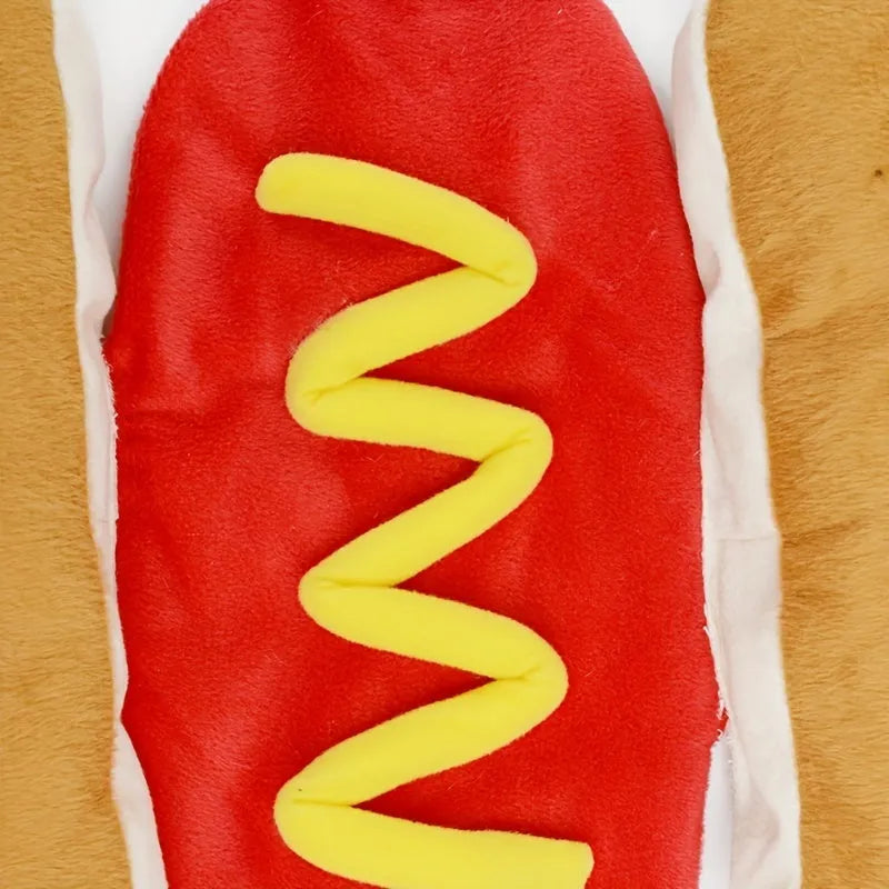 Brown and beige hot dog costume suit on a small dog for winter and parties.