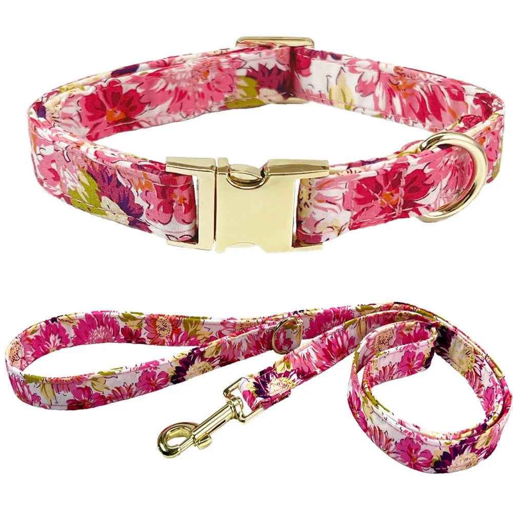 Cotton floral pet collar with metal lettering and hand-holding rope in rose red, sky blue, light blue, or peach powder, sizes XS to L