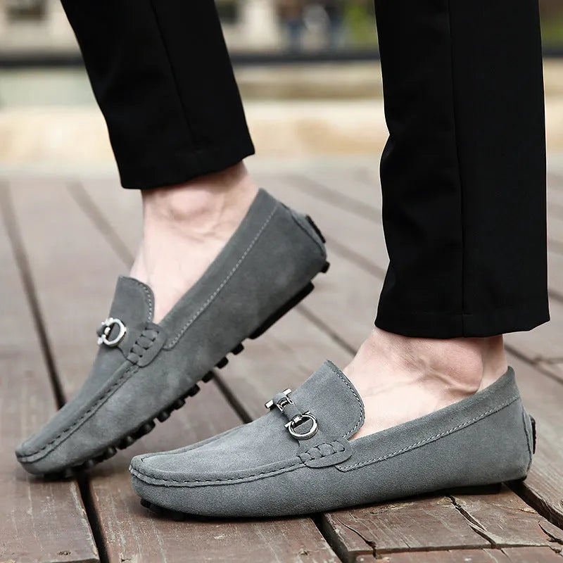 Men's matte cowhide leather slip-on shoes with square toe and rubber sole in black colour